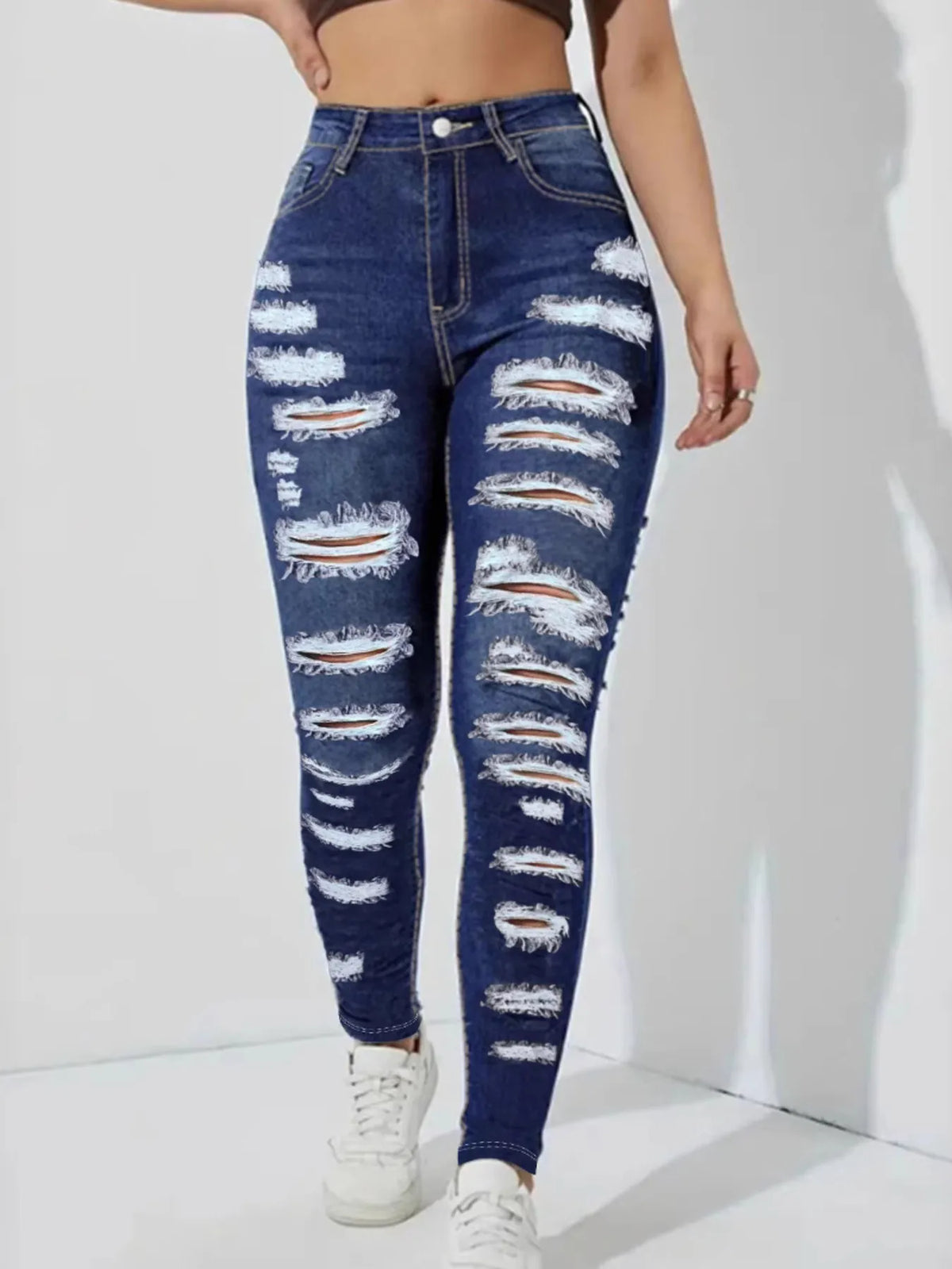High Waisted Distressed Skinny Jeans - Ladyez