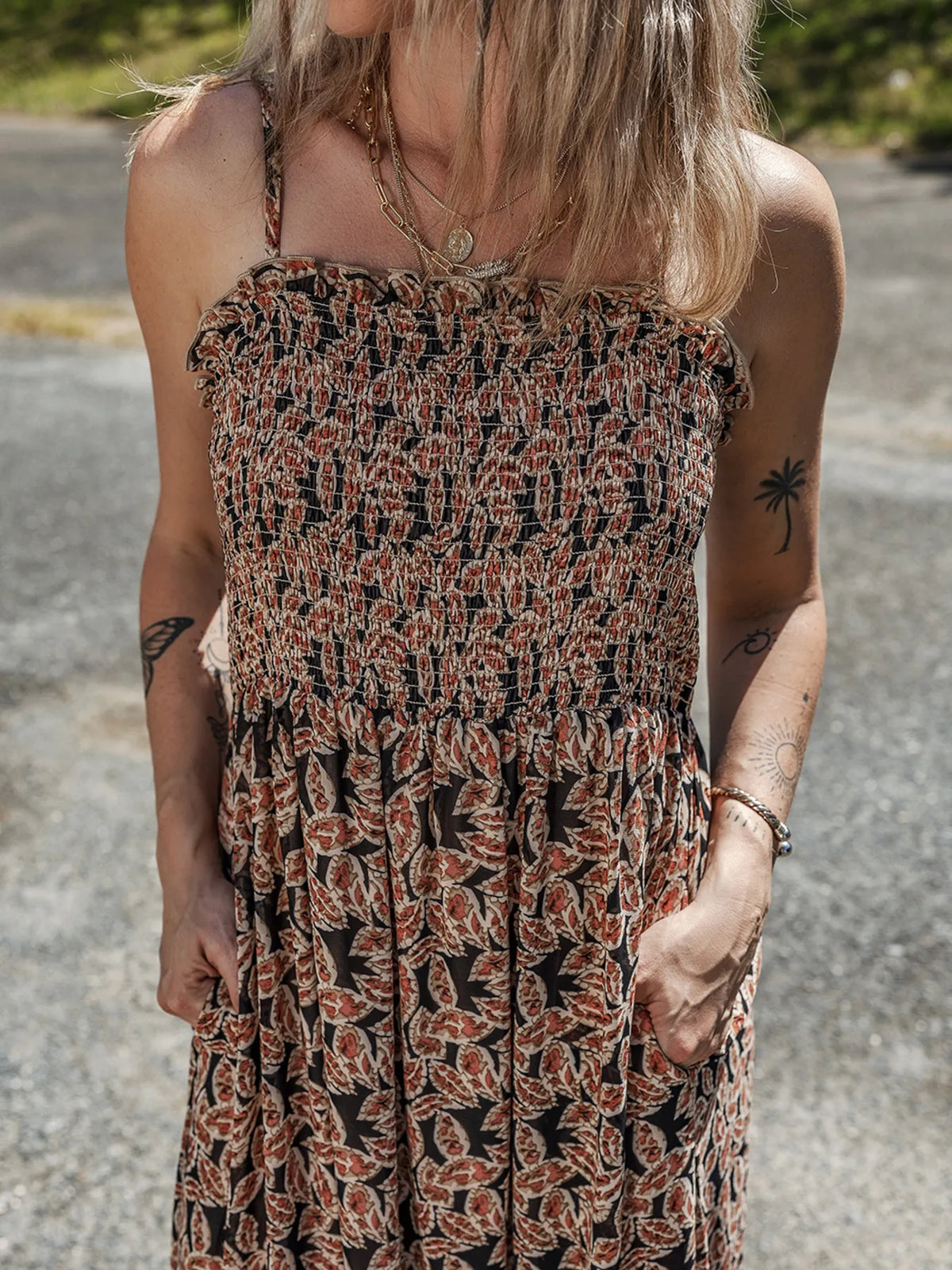 Printed Smocked Bodice Maxi Dress - Ladyez