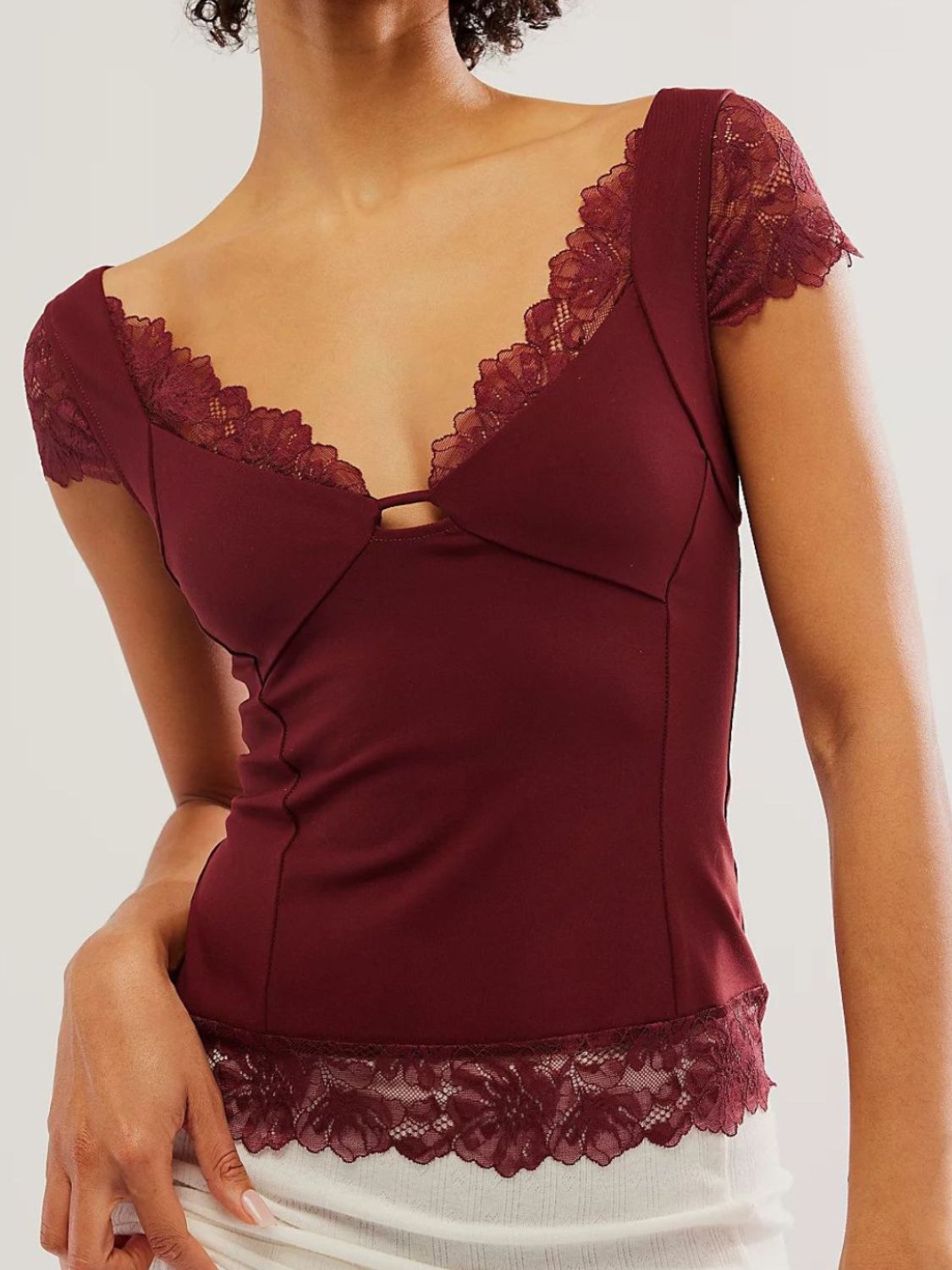 Lace Detail V-Neck Cap Sleeve Top - Ladyez