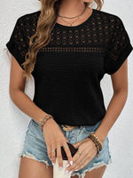 Waffle-Knit Round Neck Short Sleeve Top - Ladyez