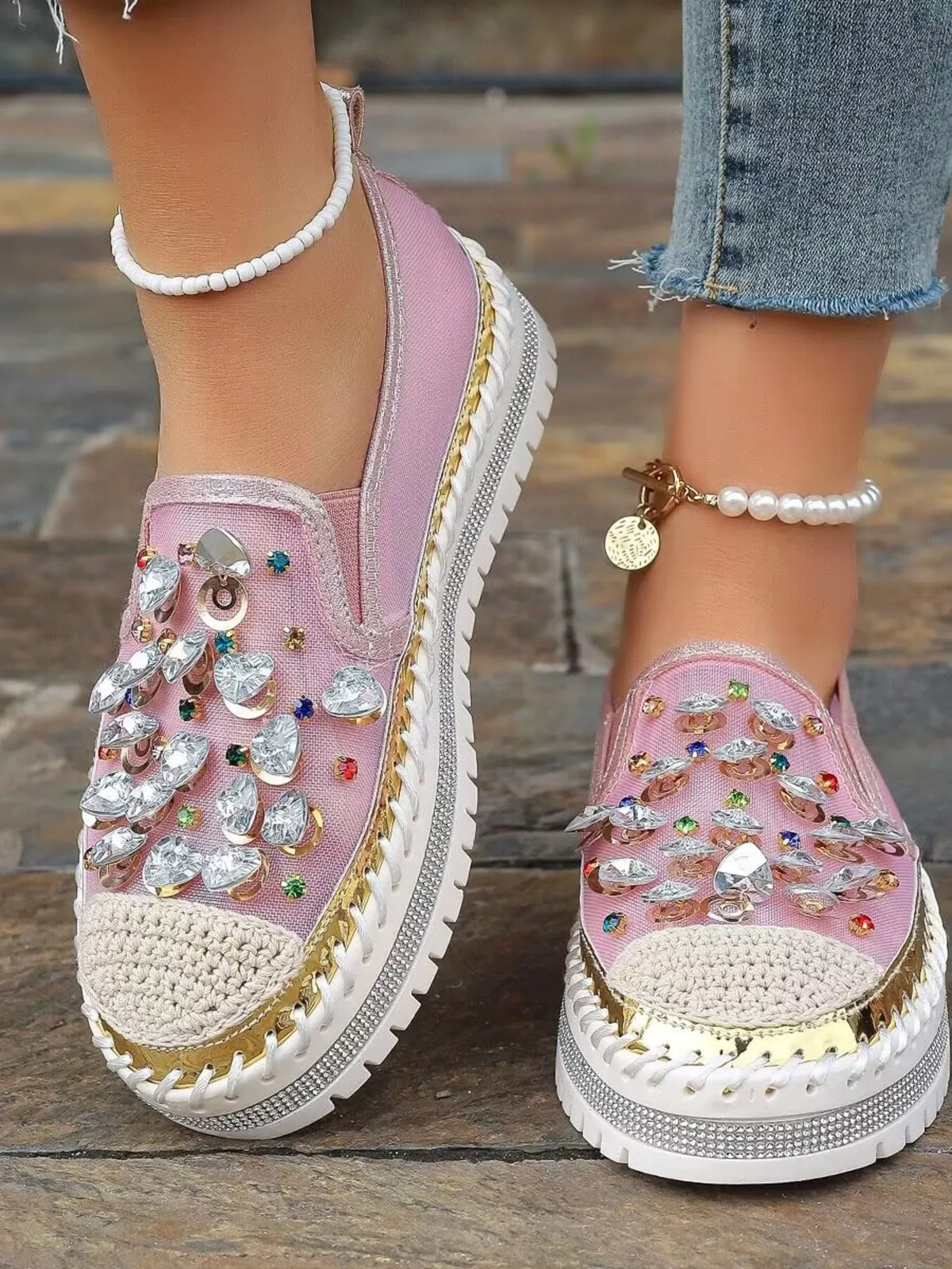 Rhinestone Round Toe Platform Loafers