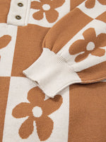 Flower Plaid Henley Baggy Sweater