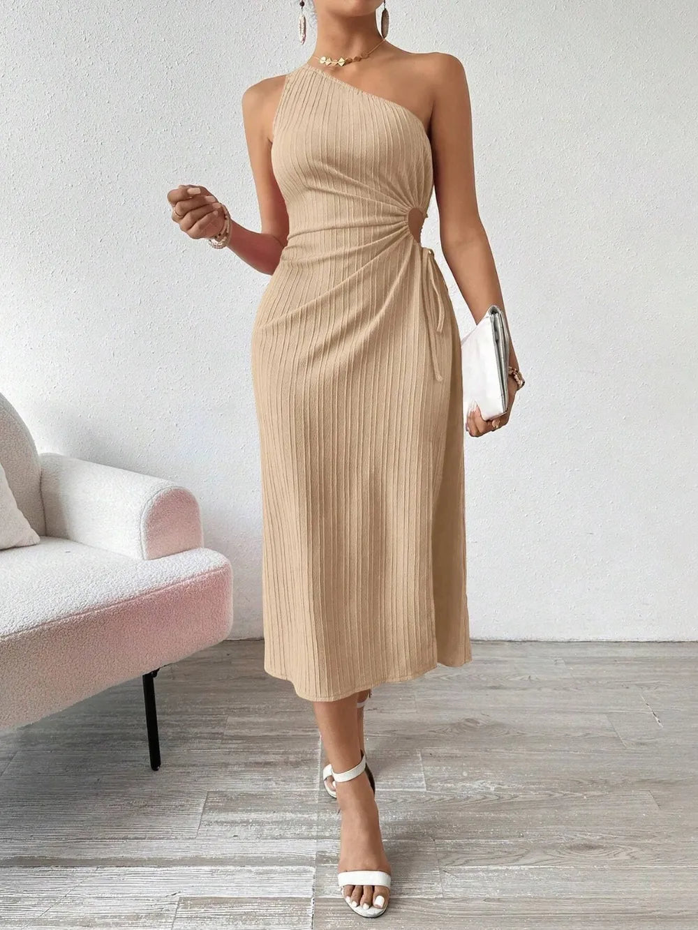 Side Slit Cutout Single Shoulder Dress