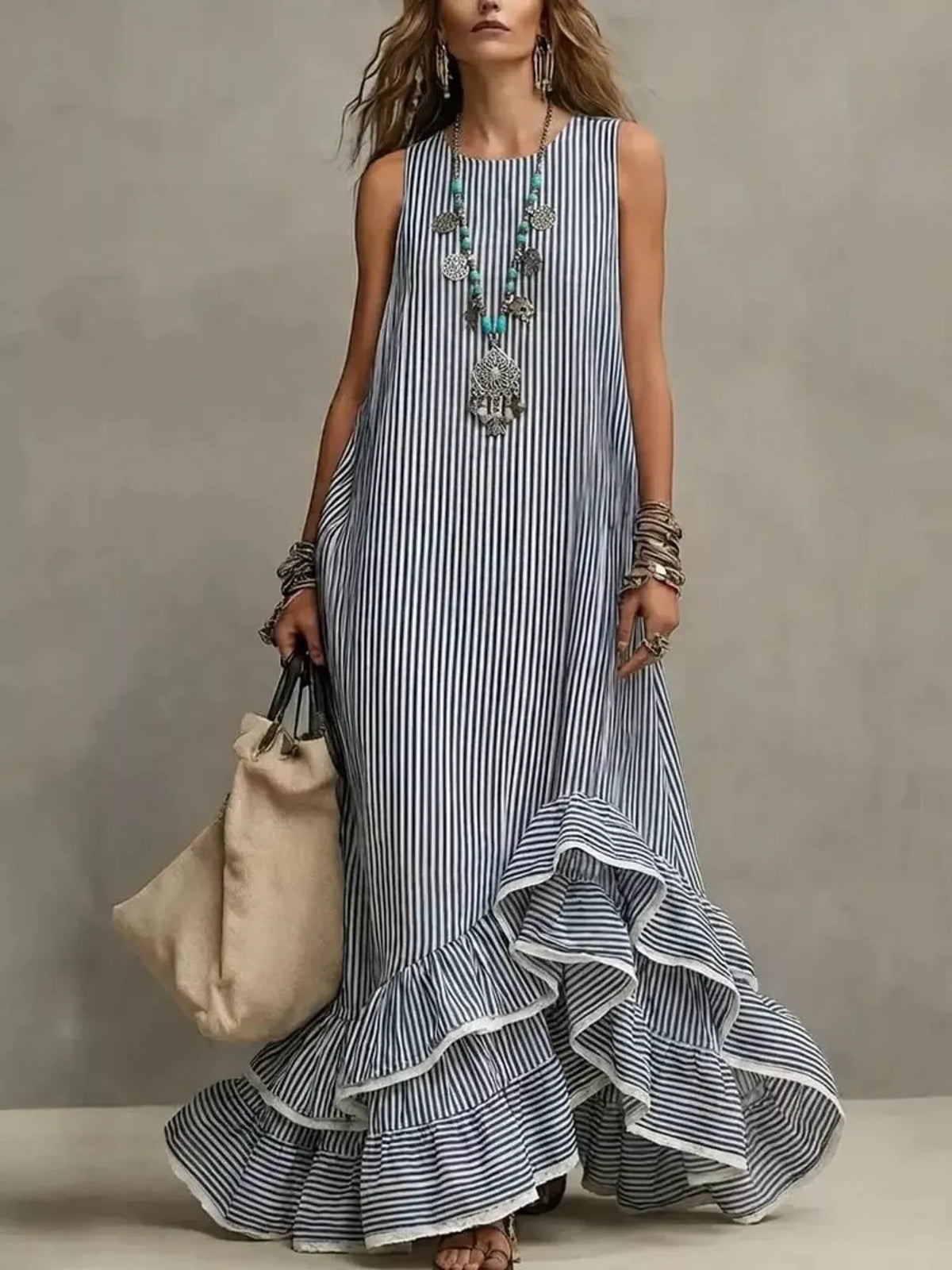 Striped Ruffle Hem Maxi Dress