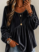 Full Size Velvet Round Neck Long Sleeve Blouse Plus Size
