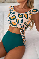 Leopard Print U Neck Knotted High Waist Bikini Set - Ladyez
