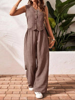Button-Down Vest & Wide Leg Pants Set