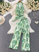 Printed Sleeveless Top and Wide Leg Pants Set