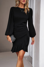 Devine Ruched Ruffled Balloon Sleeve Mini Dress - Ladyez