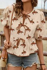 Horse Print Tie-Front Peplum Blouse - Ladyez