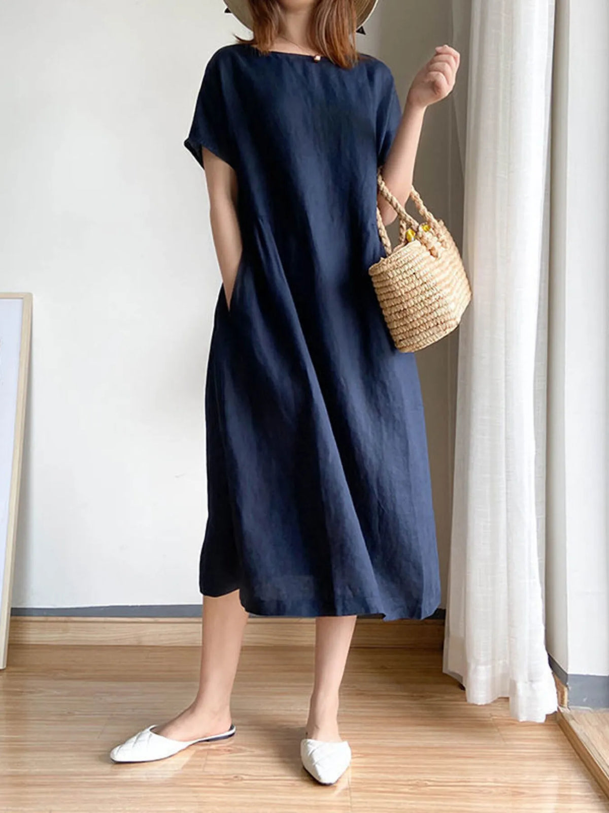 Full Size Casual Round Neck Midi Dress Plus Size - Ladyez