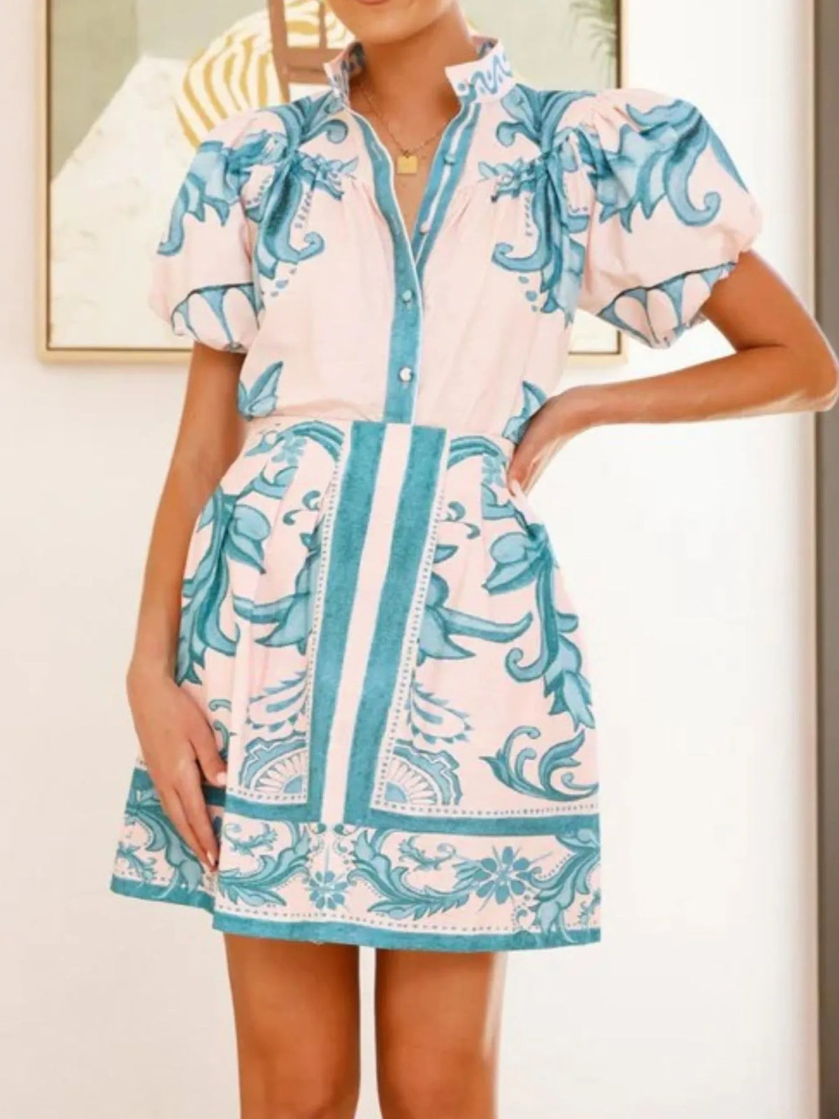 Puff Sleeve Printed Top and Zip Back Skirt Set - Ladyez