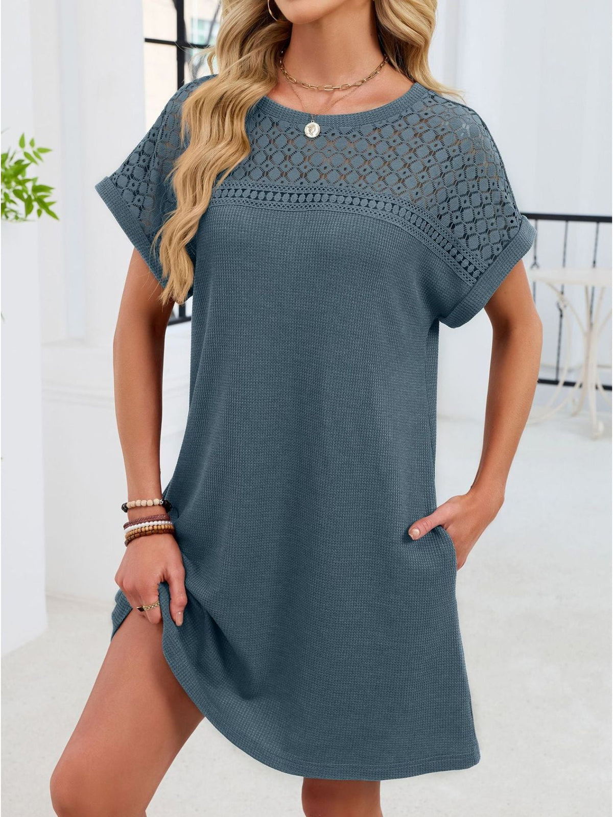 Lace Round Neck Short Sleeve T-Shirt Dress
