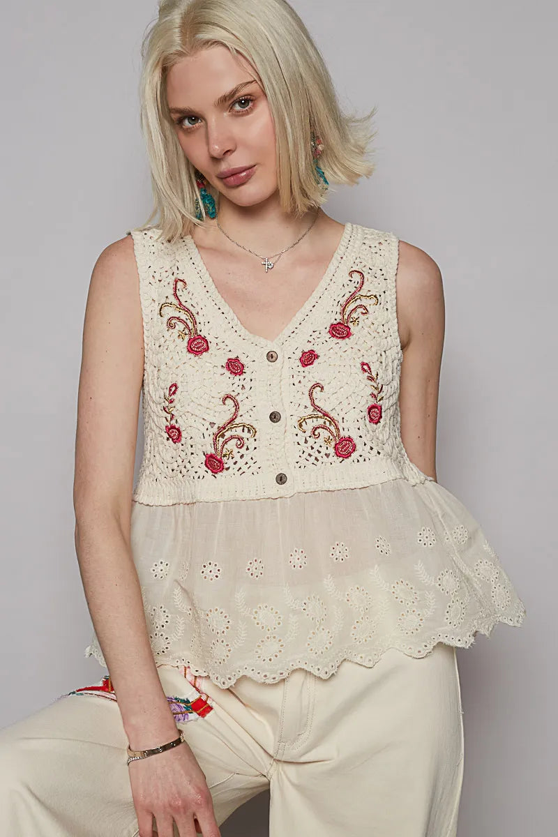 POL Embroidered Detail V-Neck Eyelet Peplum Tank - Ladyez