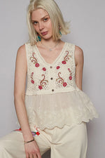 POL Embroidered Detail V-Neck Eyelet Peplum Tank - Ladyez