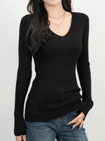 Ribbed V-Neck Long Sleeve Sweater