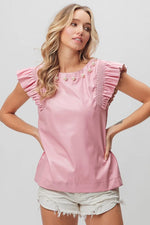 BiBi Leather Smocked Ruffled Top