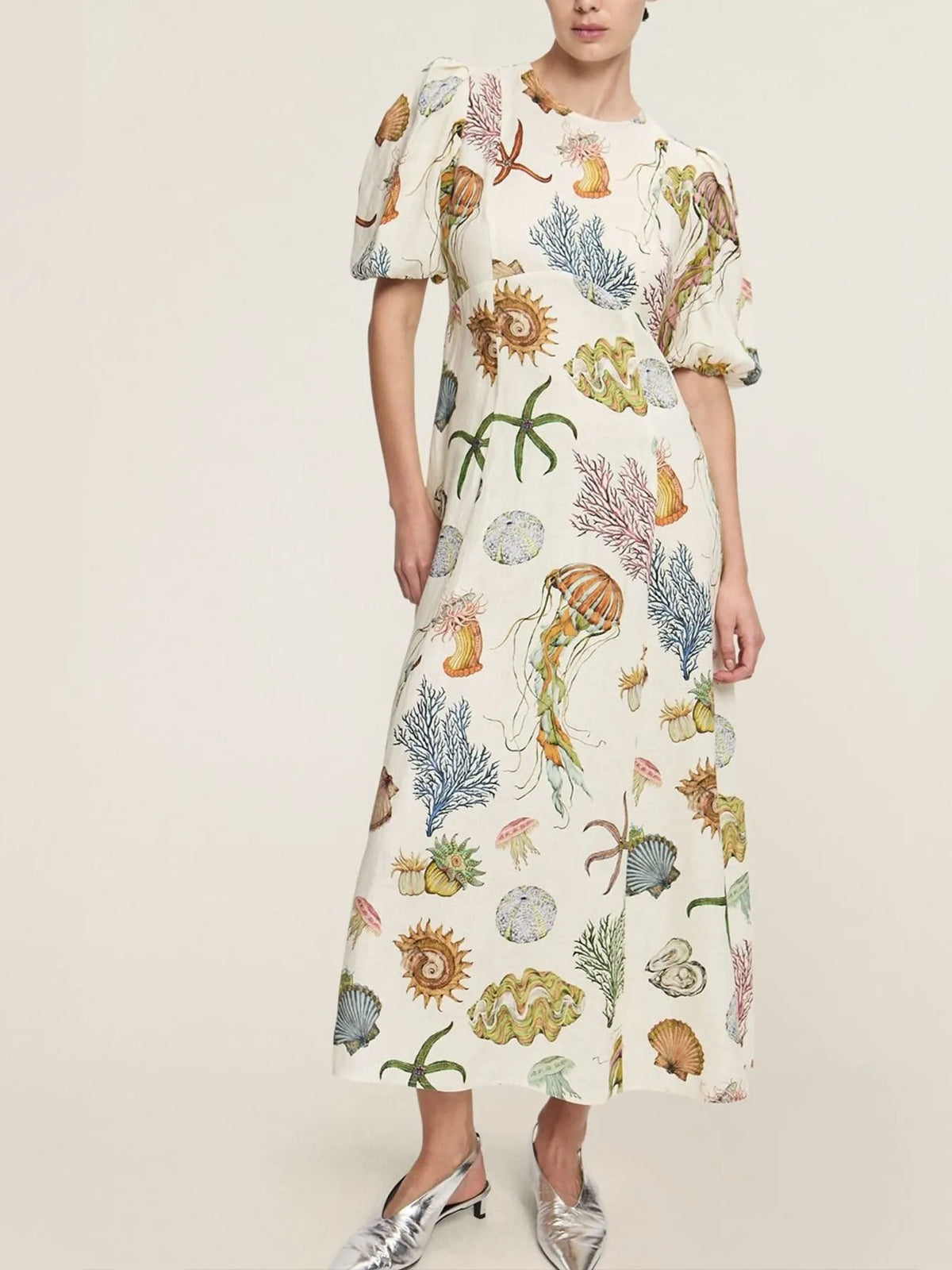 Printed Round Neck Puff Sleeve Dress