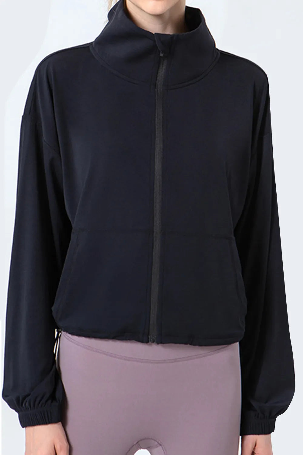 Drawstring Zip Up Dropped Shoulder Active Outerwear - Ladyez