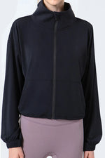 Drawstring Zip Up Dropped Shoulder Active Outerwear - Ladyez