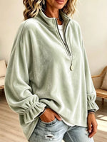Velvet Quarter-Zip Sweatshirt with Ruffled Cuffs