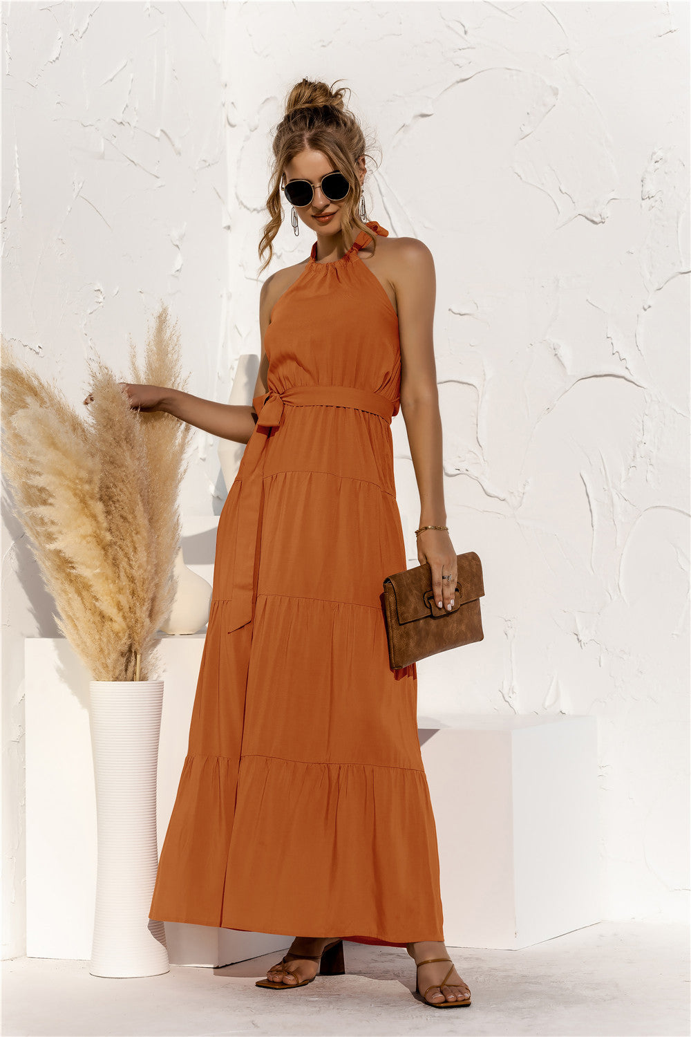 Halter Neck Tie Waist Tiered Maxi Dress - Ladyez