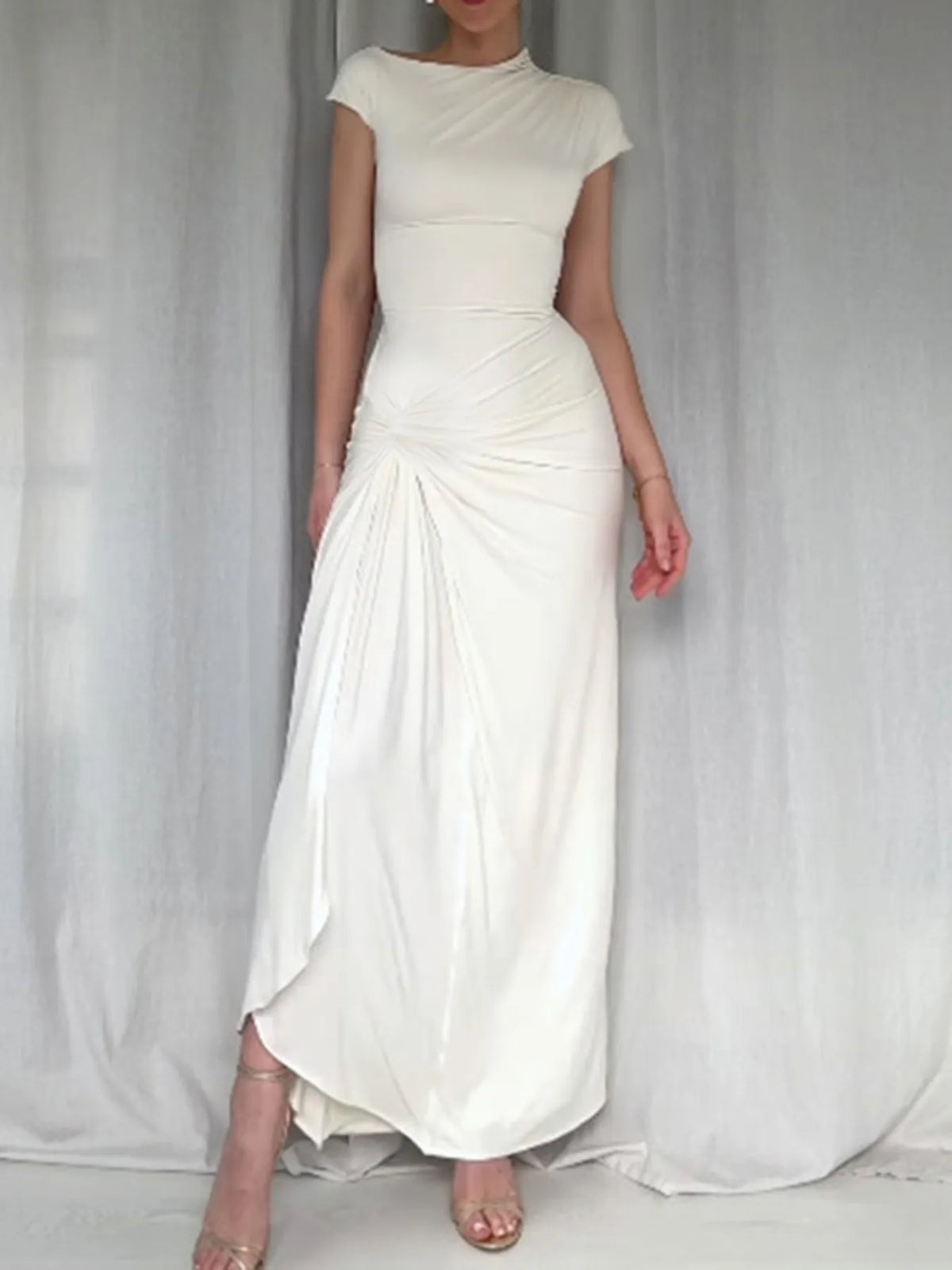 Ruched Slit Cap Sleeve Maxi Dress - Ladyez