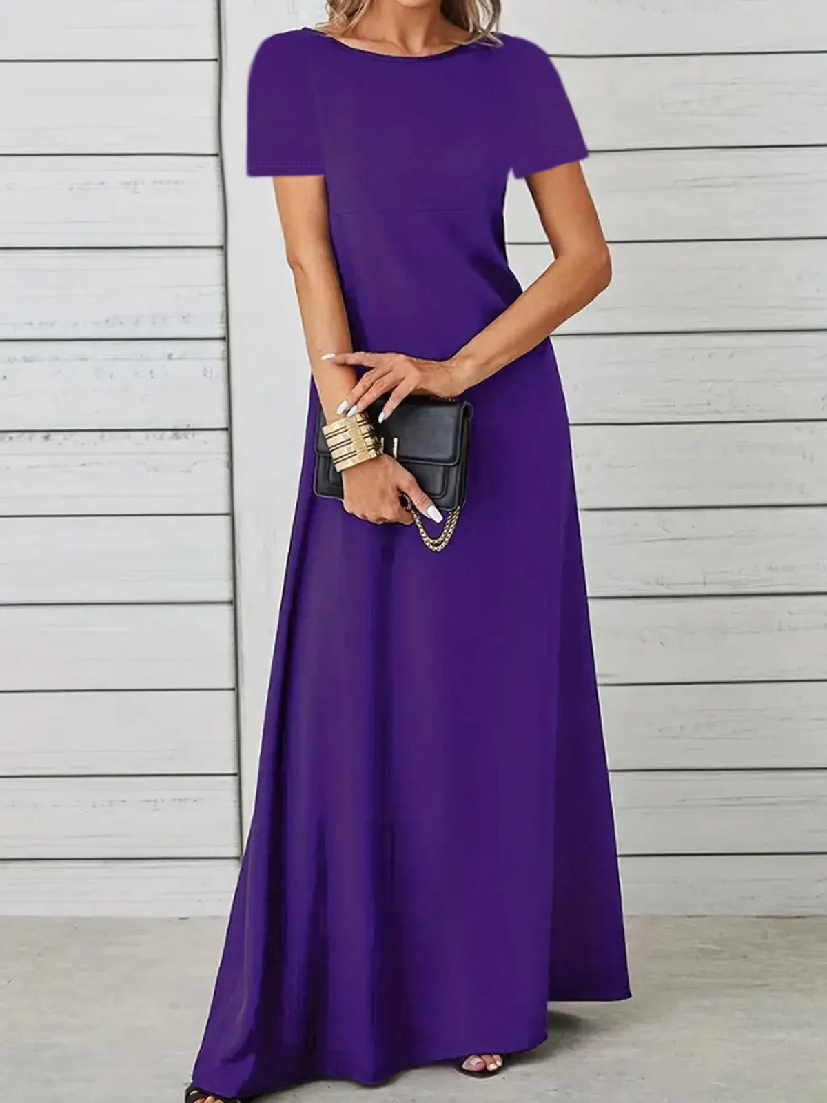 Full Size Round Neck Short Sleeve A-Line Maxi Dress Plus Size - Ladyez