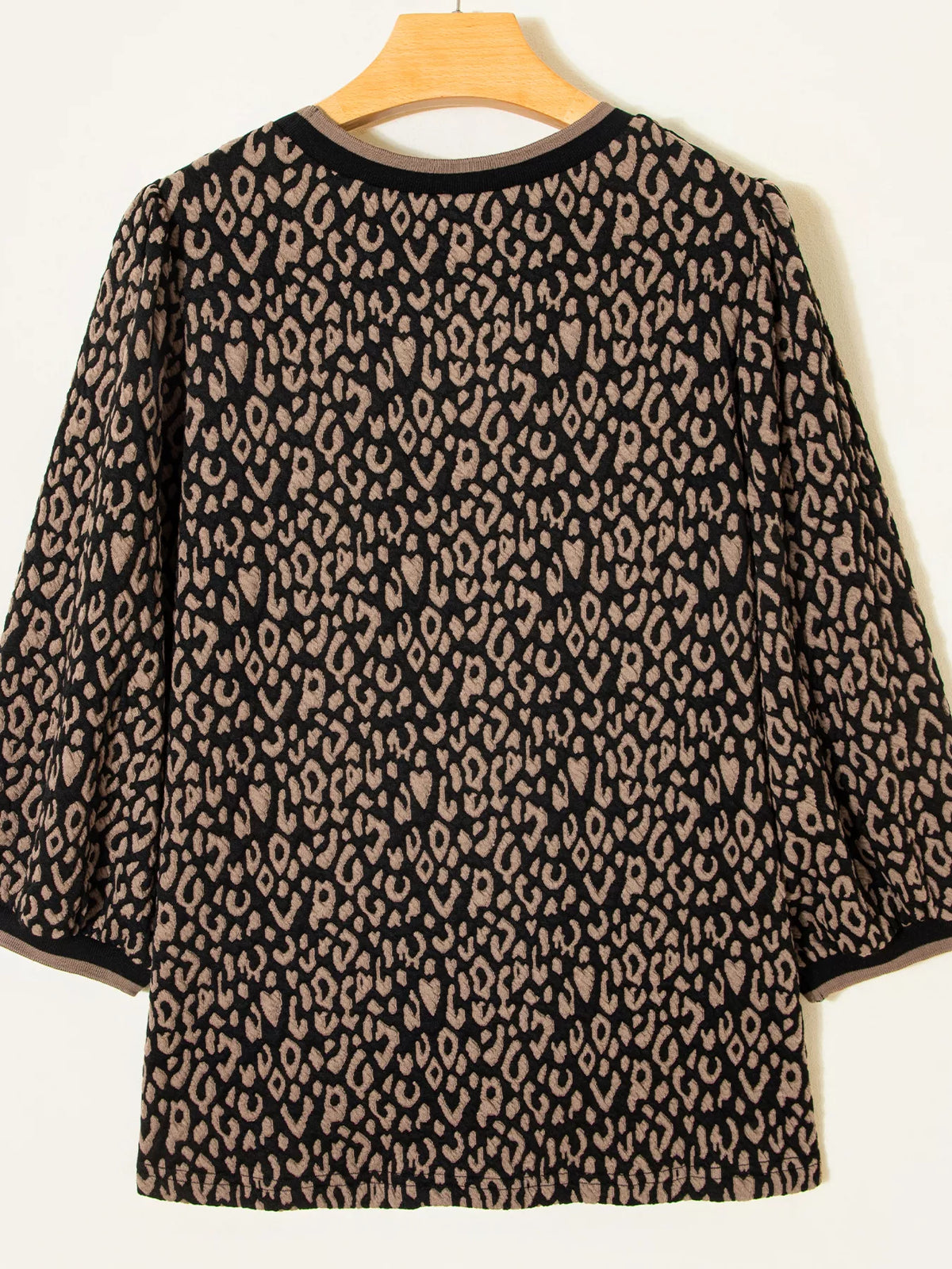 Leopard Print Puffy Bracelet Sleeve Contrast Trim Round Neck Top