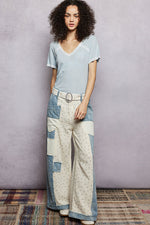 POL Lace Detail V-Neck Short Sleeve Textured T-Shirt