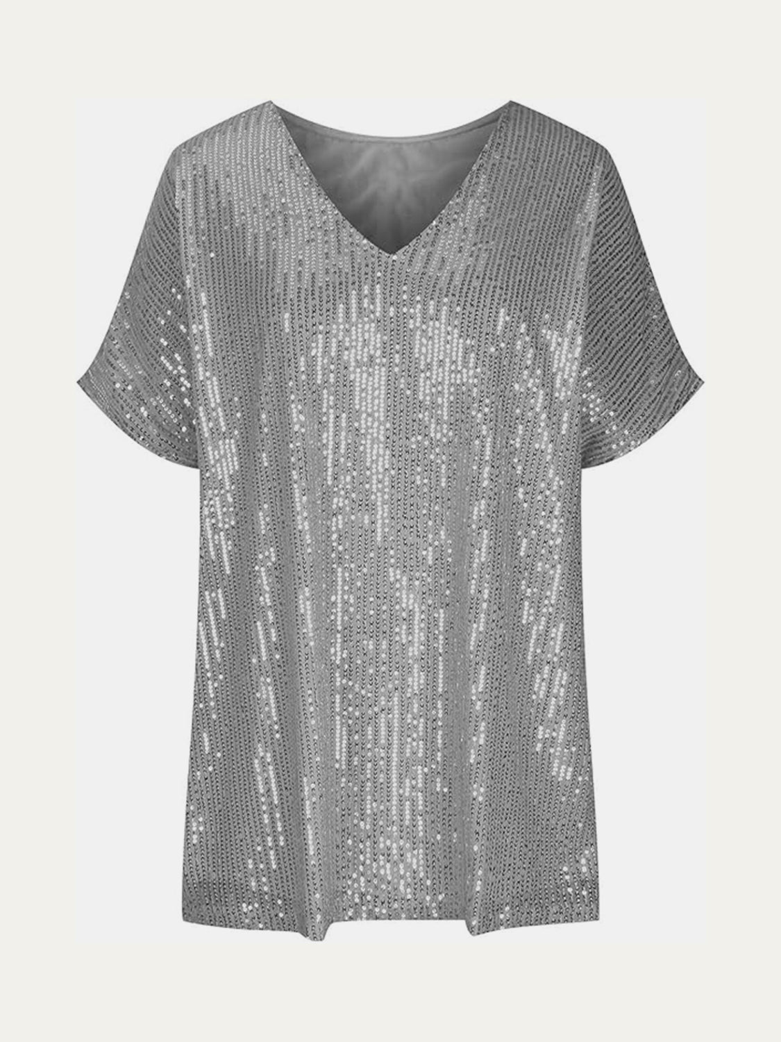 Full Size Sequin V-Neck Short Sleeve Top - Ladyez