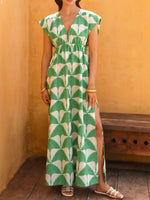 Slit Printed V-Neck Cap Sleeve Maxi Dress - Ladyez