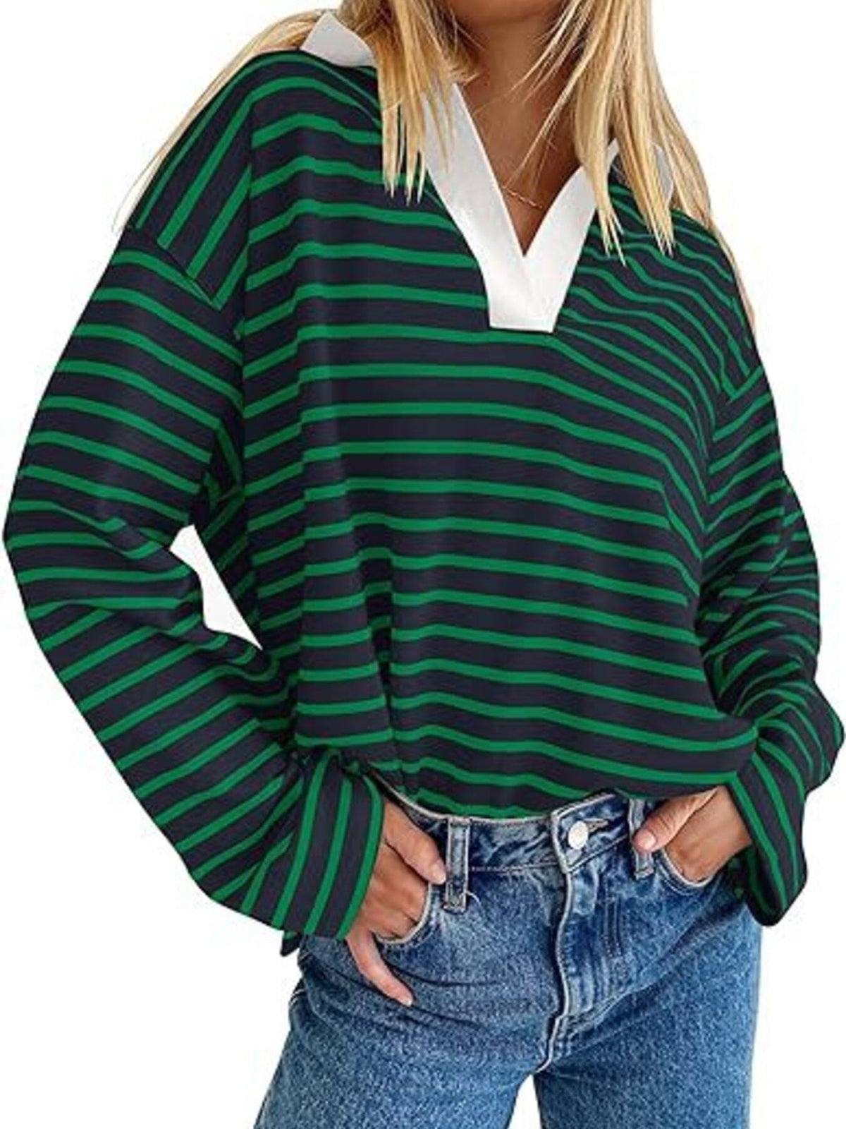 Striped Contrast Collar Long Sleeve Top