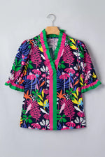 Floral Print Frilled Contrast Striped Trim V Neck Short Sleeve Blouse