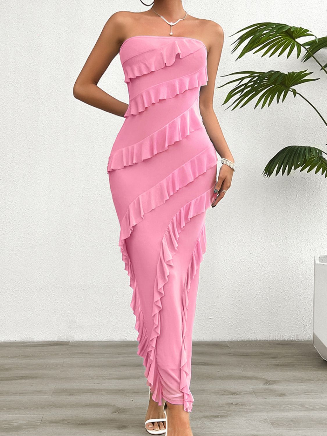 Devine Ruffled Slit Back Tube Maxi Dress - Ladyez