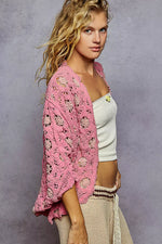 POL Openwork V-Neck Chenille Cardigan with Contrast Floral
