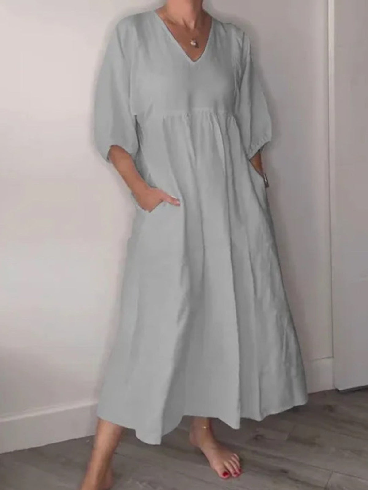 Full Size V-Neck Loose Fit Midi Dress with Pockets Plus Size