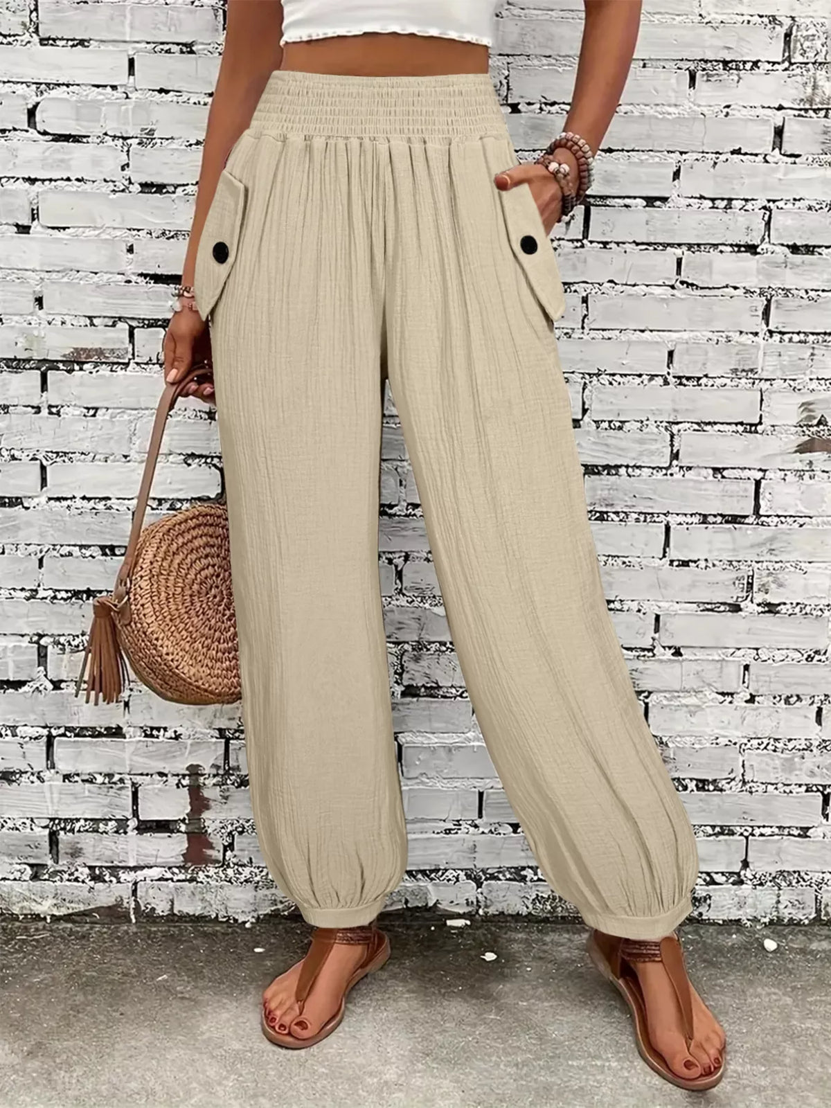 Smocked Textured Casual Pants
