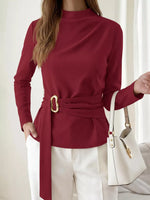 Mock Neck Blouse with Waist-Defining Metal Buckle Detail