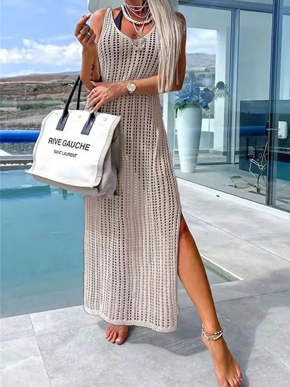Openwork Slit Cutout Wide Strap Dress - Ladyez
