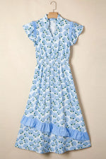 Hydrangea Floral Print Ruffle Trim Flutter Sleeve Dress
