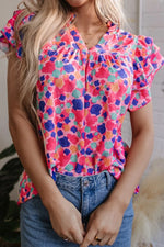 Abstract Print Ruffled Sleeve Notched Blouse