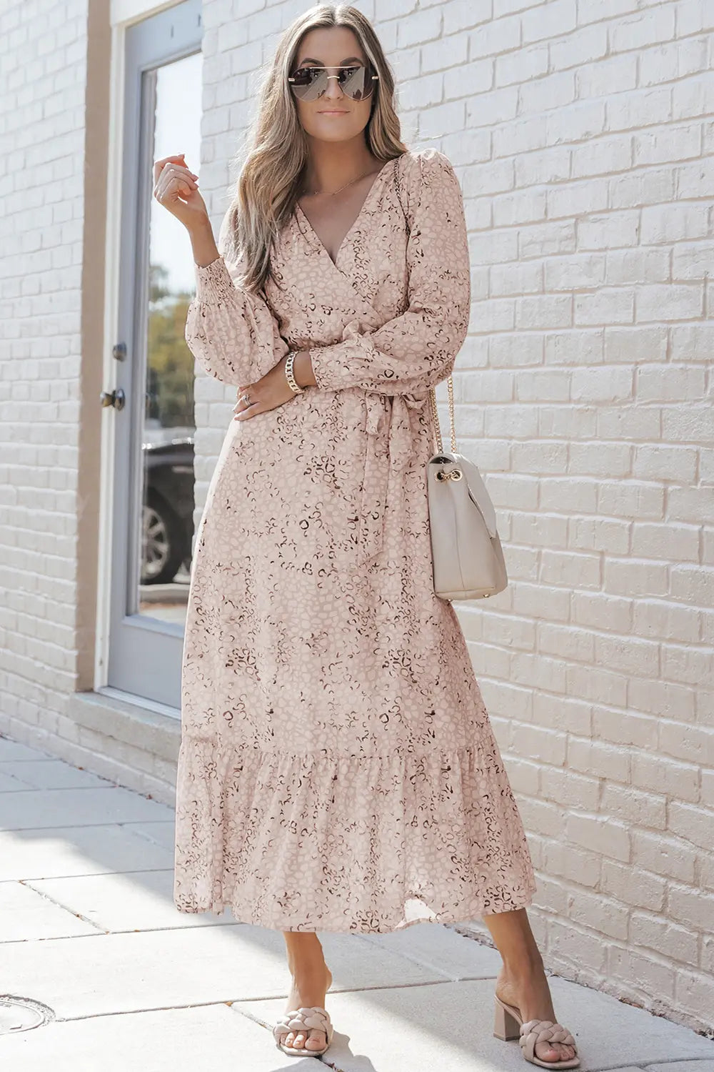 Printed Tie Front Ruffle Hem Dress - Ladyez
