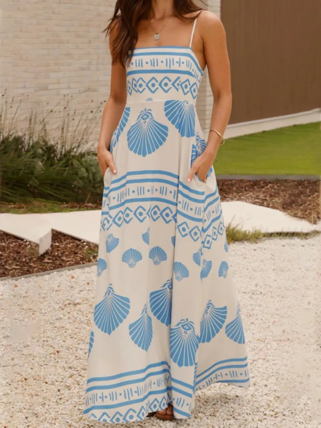 Seashell Print Spaghetti Strap Maxi Dress - Ladyez
