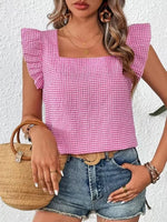 Ruffle Sleeve Gingham Square Neck Top - Ladyez