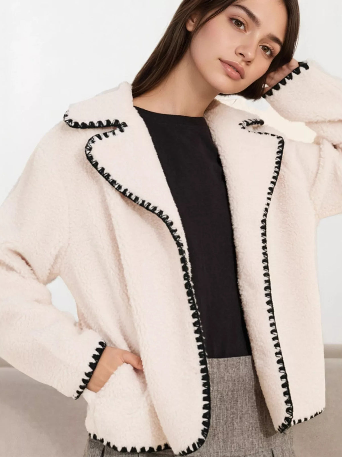 Sherpa Contrast Trim Button Up Outerwear