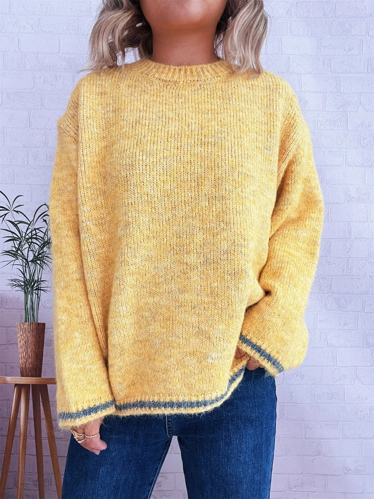 Contrast Trim Round Neck Cozy Sweater