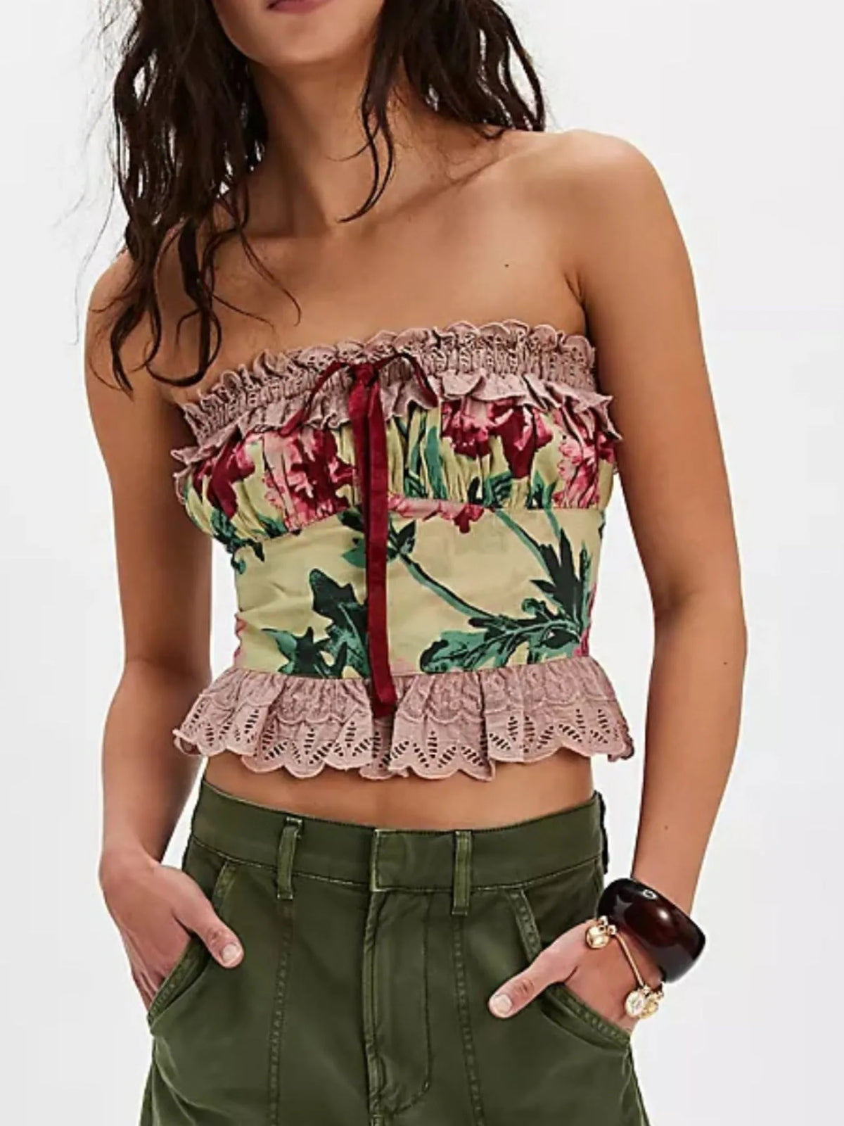 Floral Print Lace Trim Tube Top - Ladyez