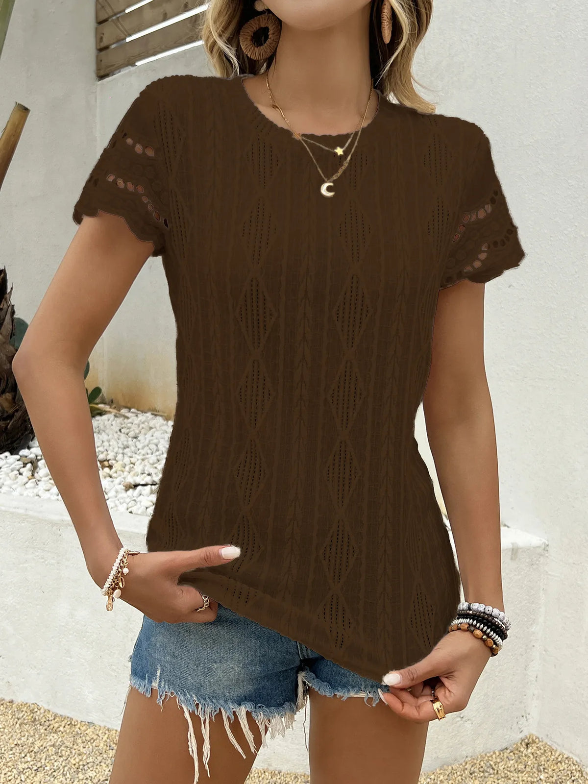 Crochet Lace Short Sleeve T-Shirt - Ladyez