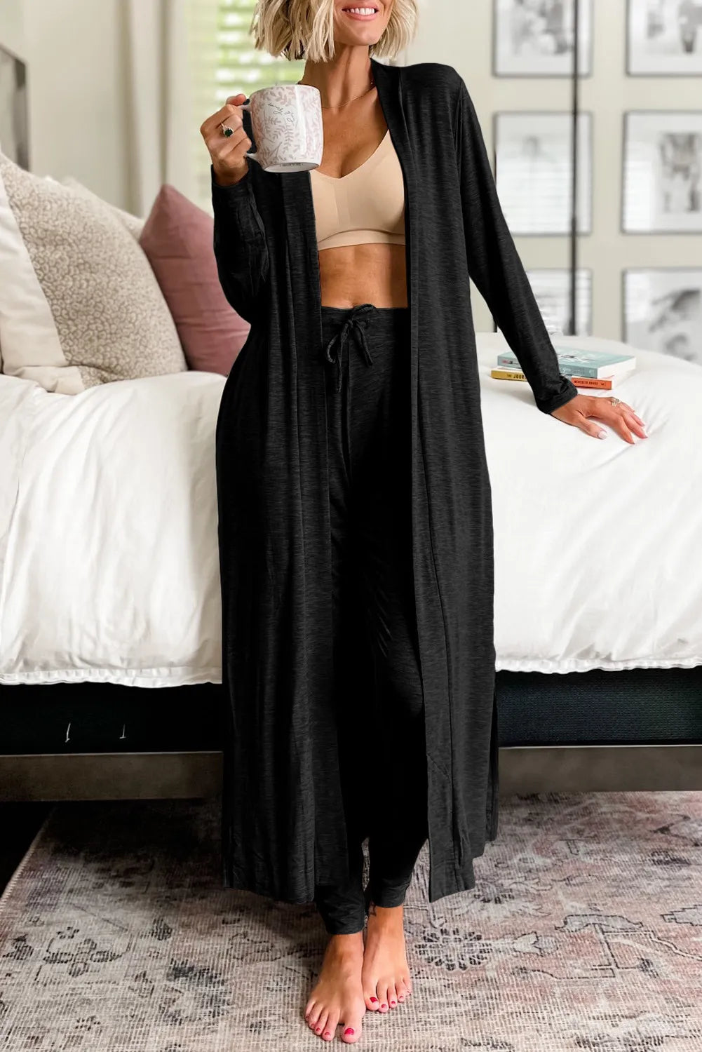 Open Front Long Sleeve Cardigan and Pants Lounge Set - Ladyez